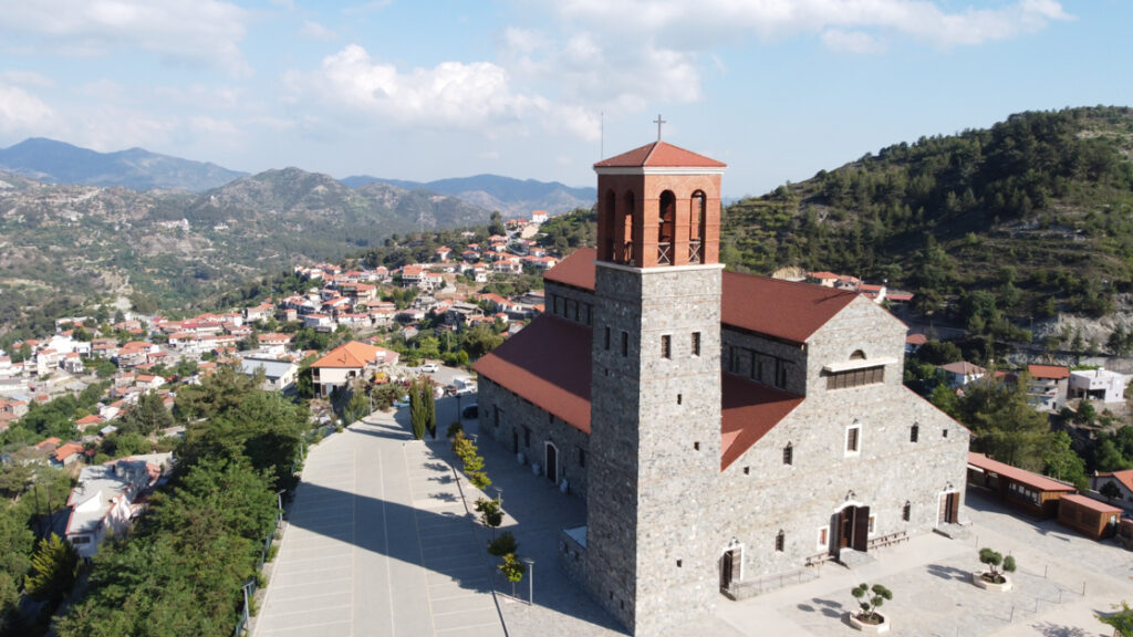 Drone shot of Agios Arsenios church in Kyperounta