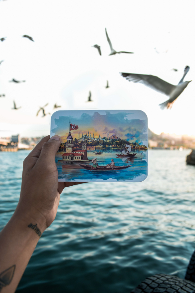 photo of a person holding postcard of istanbul in front of the bosphorus - read all about the city in my Istanbul Travel Blog 