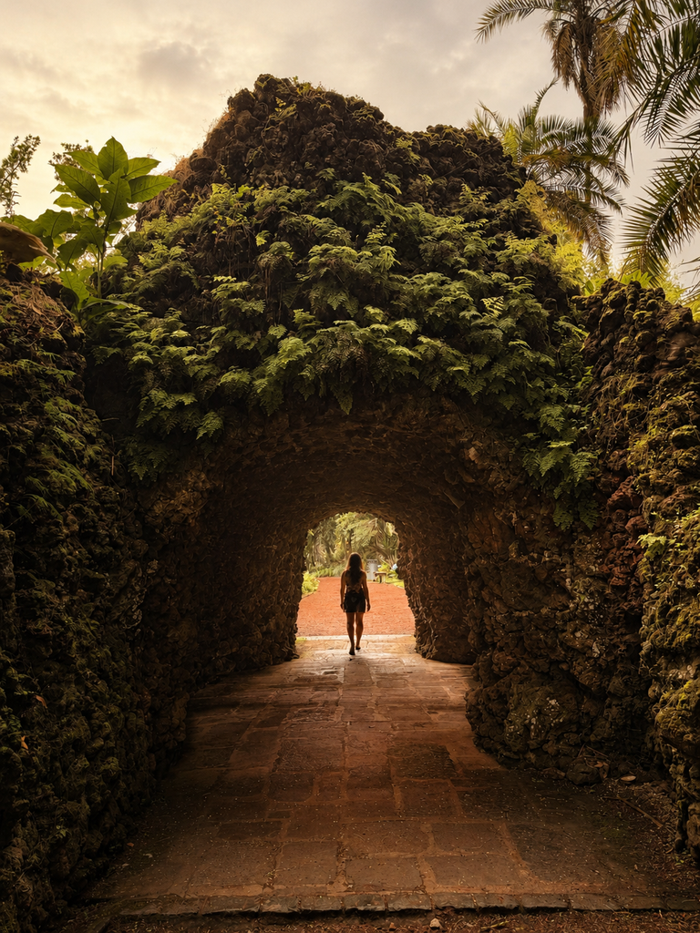 Stone archway surrounded by greenery in a Ponta Delgada botanical garden