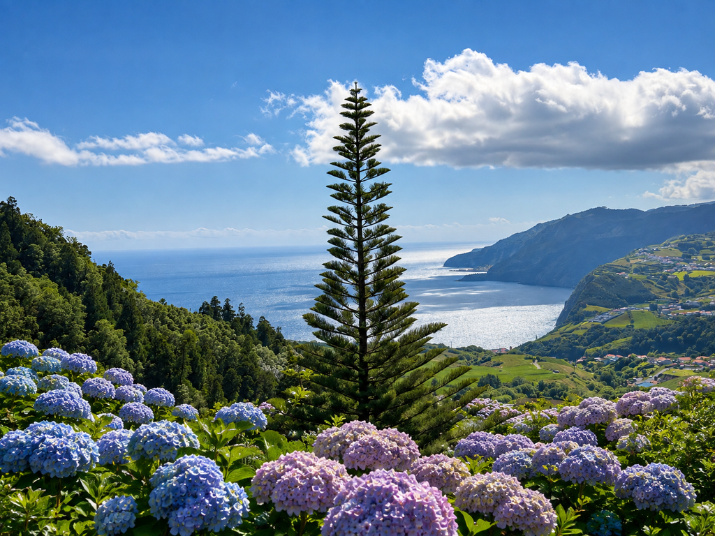Hydrangeas overlooking the Atlantic at Miradouro da Ponta do Sossego, São Miguel, Azores