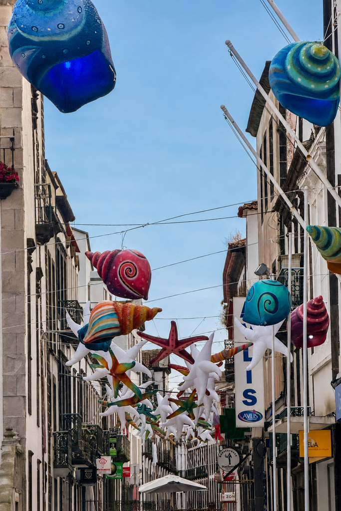 Ocean-themed decorations hanging above the streets of Ponta Delgada during PDL White Ocean