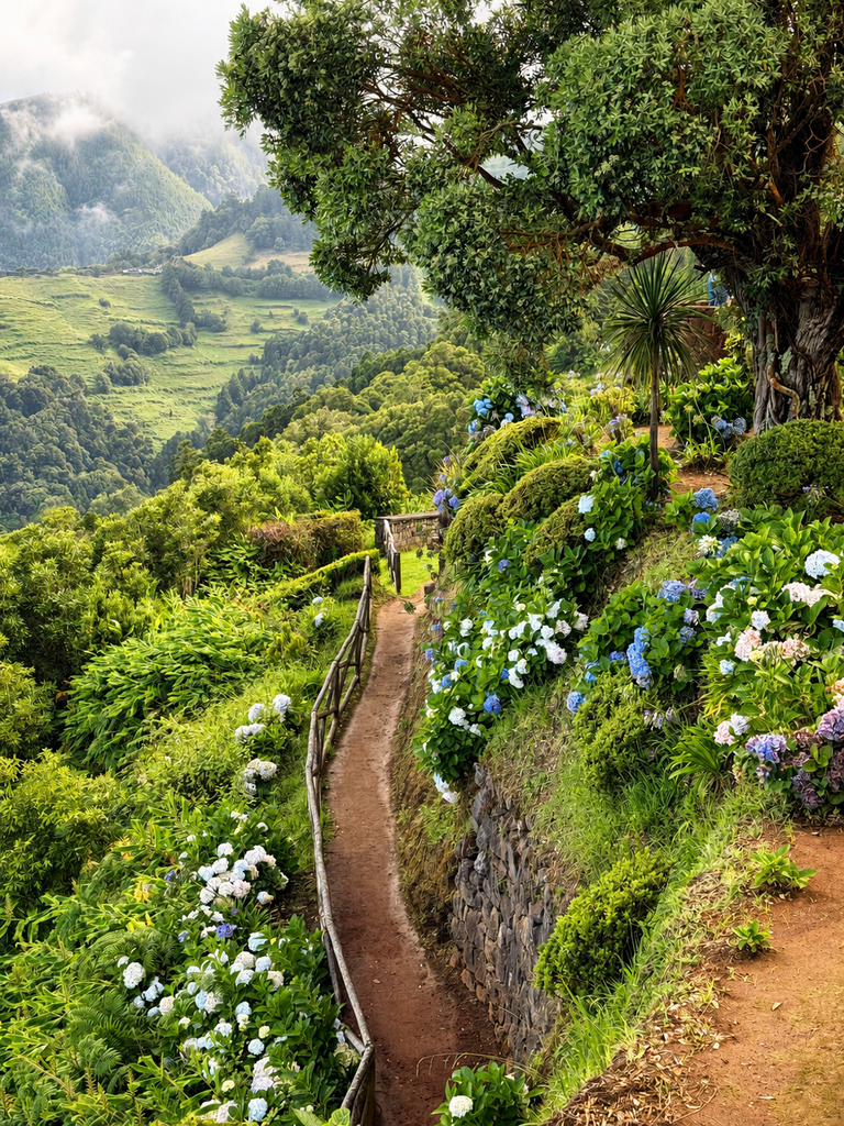 Hydrangea-lined garden path at Miradouro da Ponta do Sossego, São Miguel, Azores