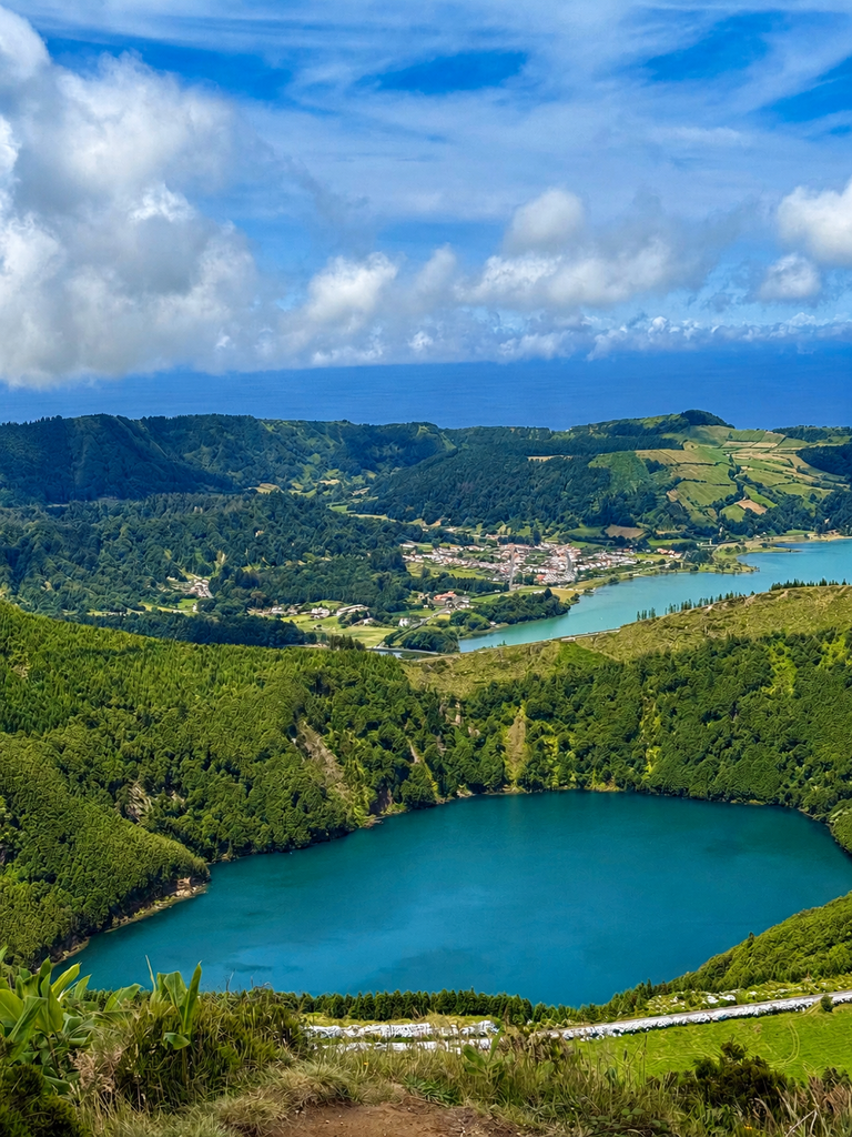 Panoramic view over the Sete Cidades crater lakes from Boca do Inferno, São Miguel