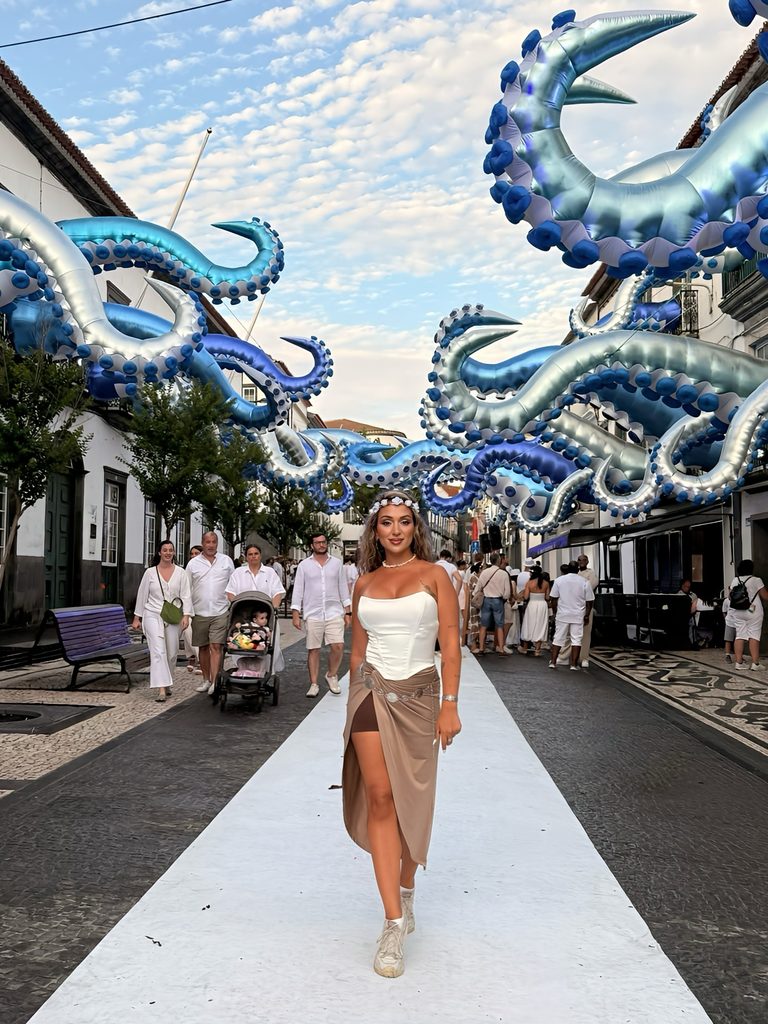 Walking beneath giant octopus decorations at PDL White Ocean in Ponta Delgada, Azores