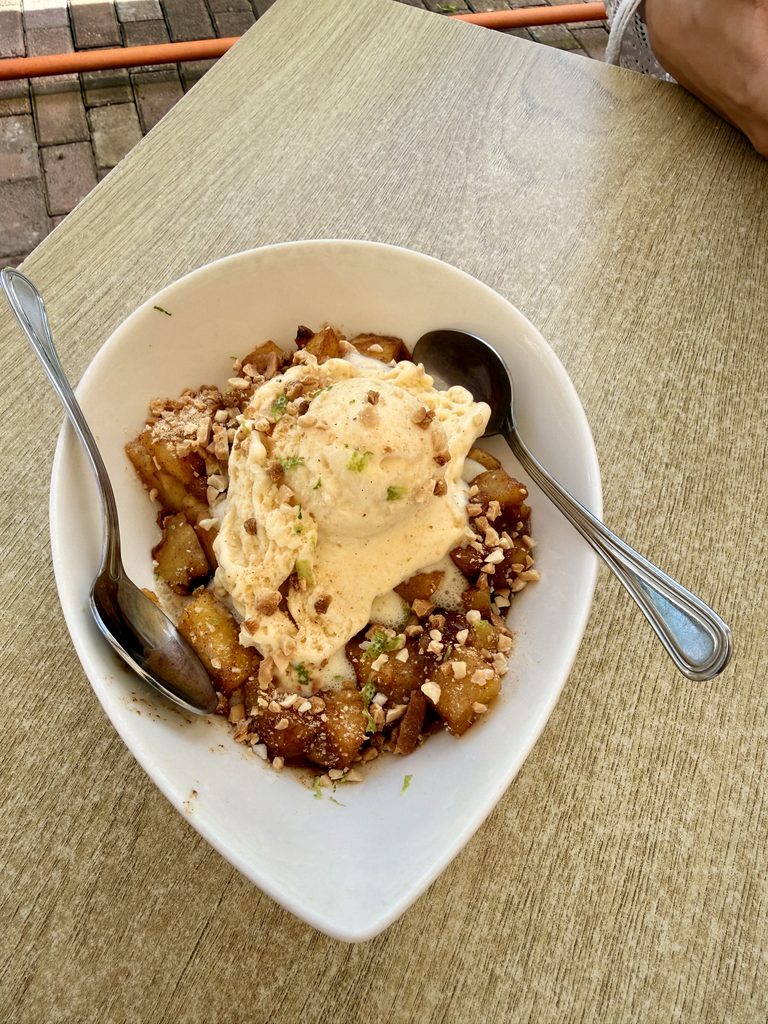 Pineapple flambé with ice cream at a pineapple plantation in São Miguel, Azores